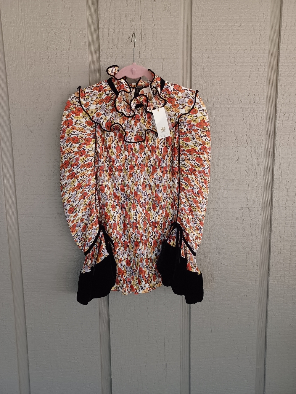 Tory Burch Pleated Ruffle Blouse Size 4 Floral Long Sleeve Removable Collar